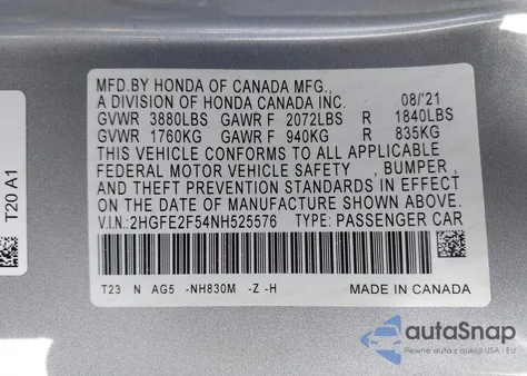 2022 Honda Civic Sport из США, поврежденный, VIN 2HGFE2F54NH525576